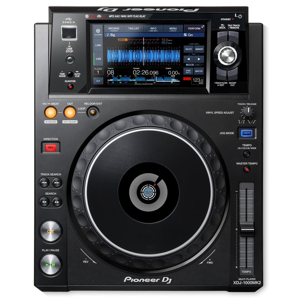 Pioneer DJ XDJ-1000MK2 DJ media player with large touchscreen and professional controls, used for mixing and DJ performances.