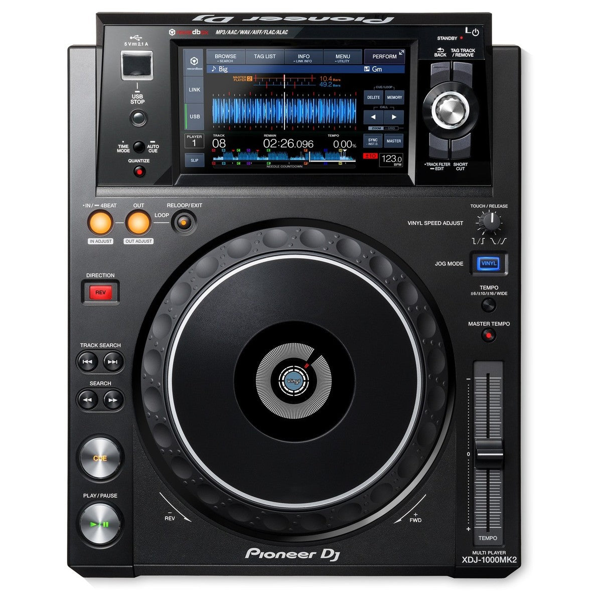 Pioneer DJ XDJ-1000MK2 DJ media player with large touchscreen and professional controls, used for mixing and DJ performances.