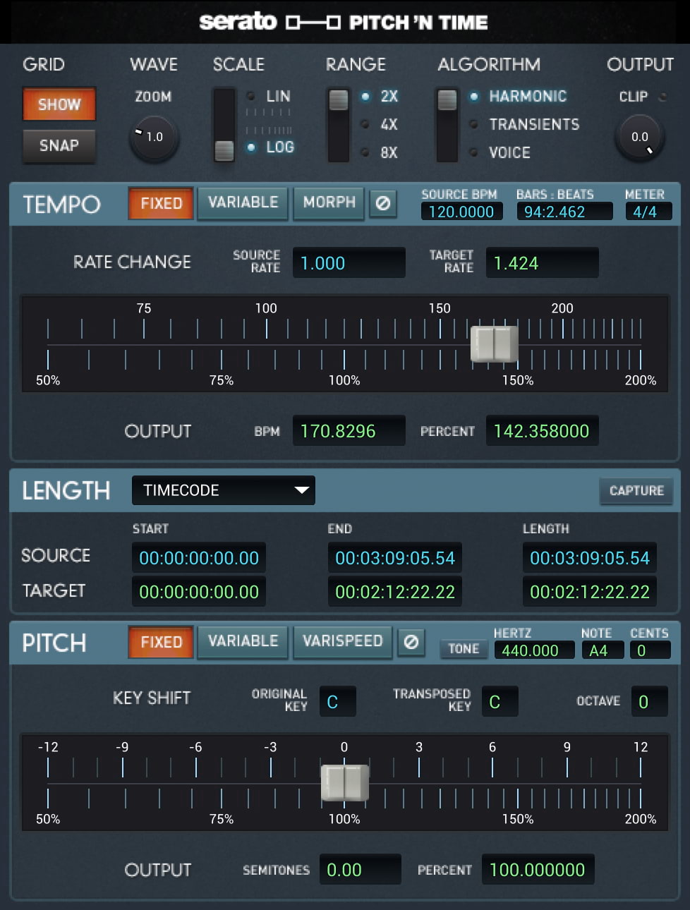 Serato Pitch 'n Time Pro music production software interface showing pitch and time editing controls.