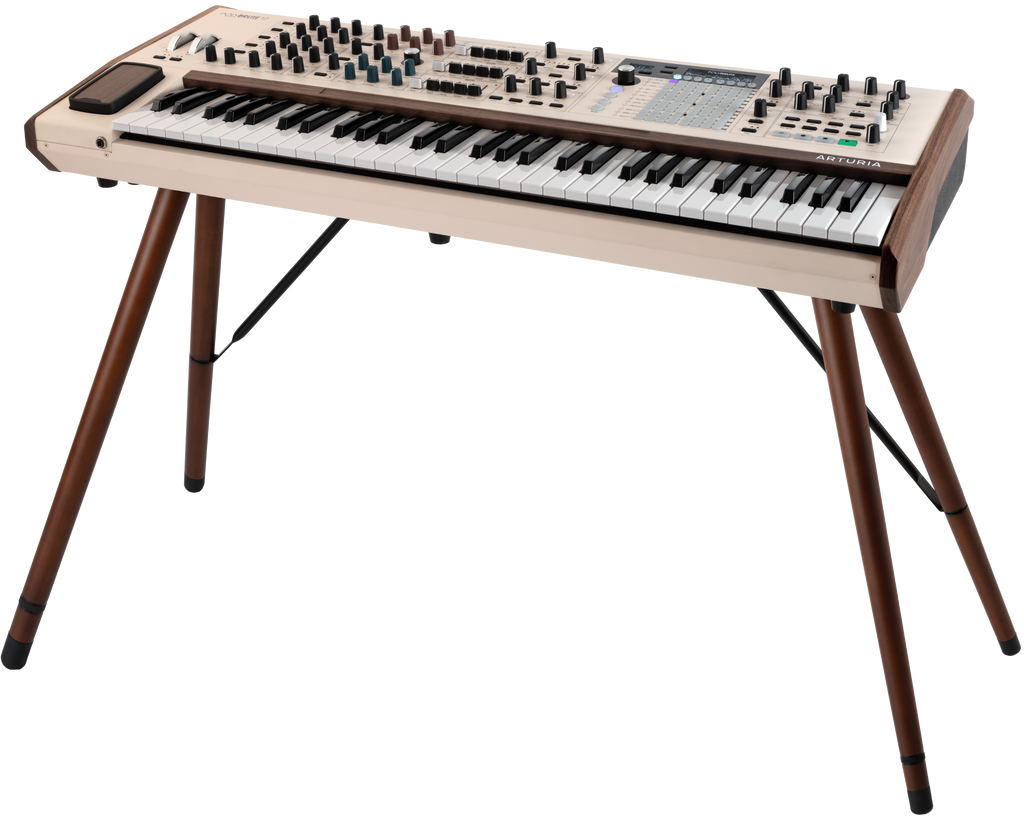 Arturia PolyBrute 12 synthesizer with a sleek control panel, multiple knobs, and a digital display showing the advanced interface.