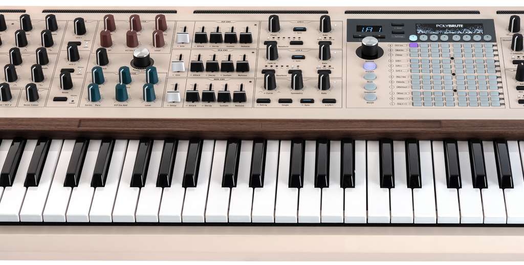 Front view of the Arturia PolyBrute 12 synthesizer showing its keyboard, control panel, and interface buttons.