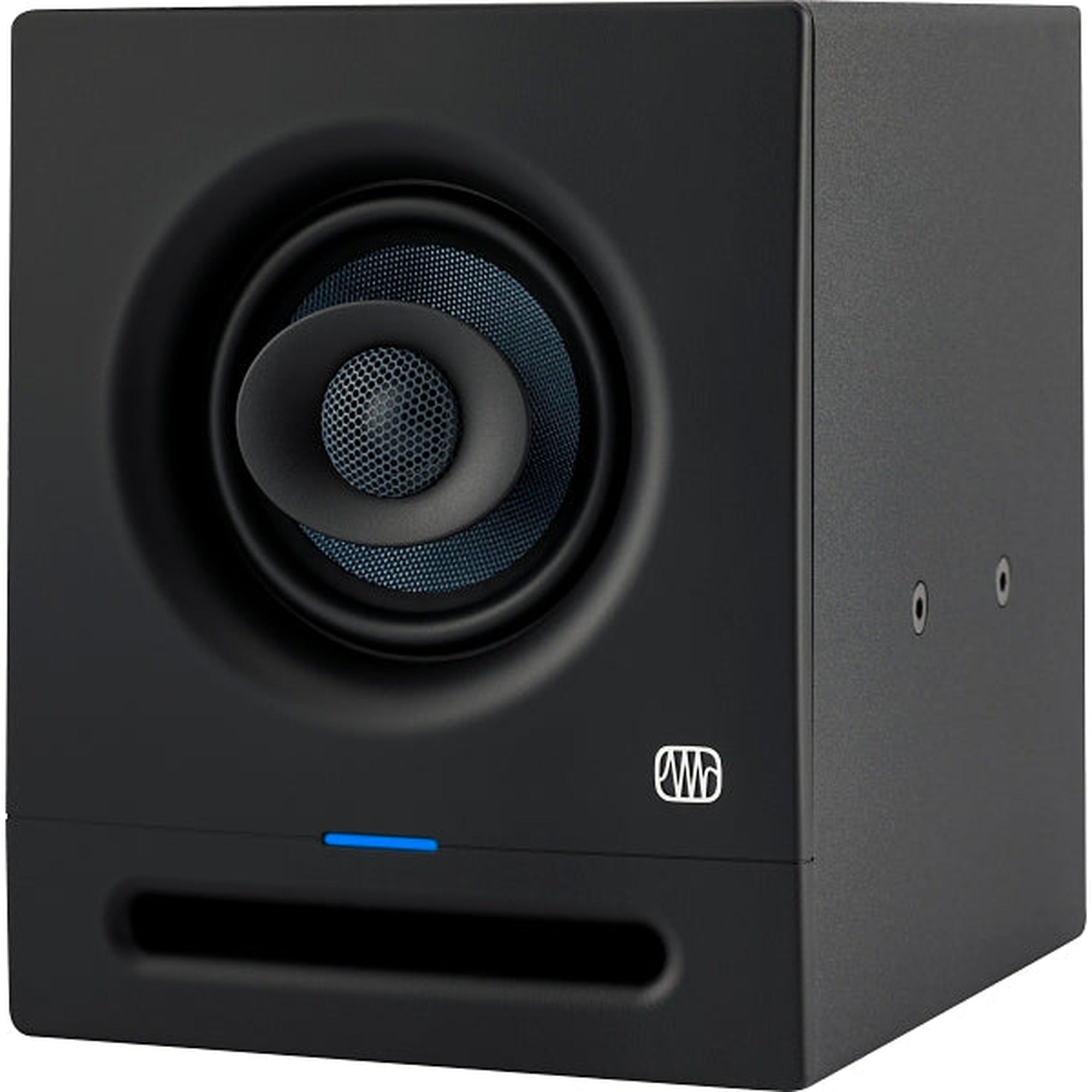 Presonus Eris Pro 4 active nearfield monitors shown with black enclosure and front speaker grills, ideal for studio audio setup.