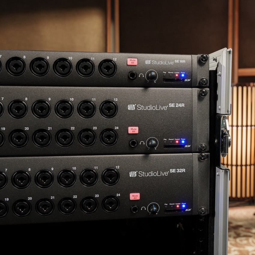 PreSonus StudioLive Series III SE 16R digital mixer with multiple input channels and control knobs on a professional audio device.