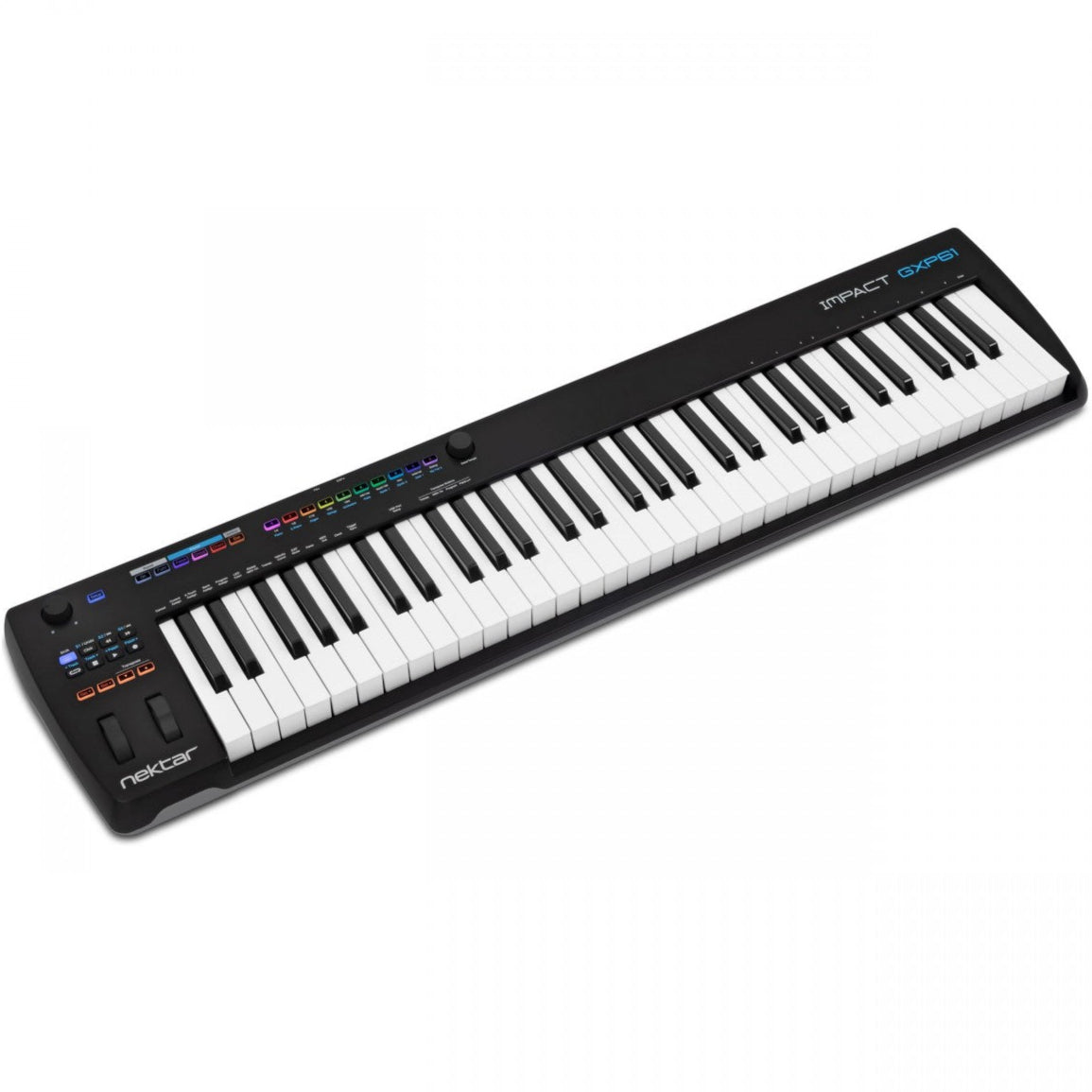 Nektar Impact GXP61 MIDI controller keyboard with 61 keys and control buttons, shown in a sleek black design.