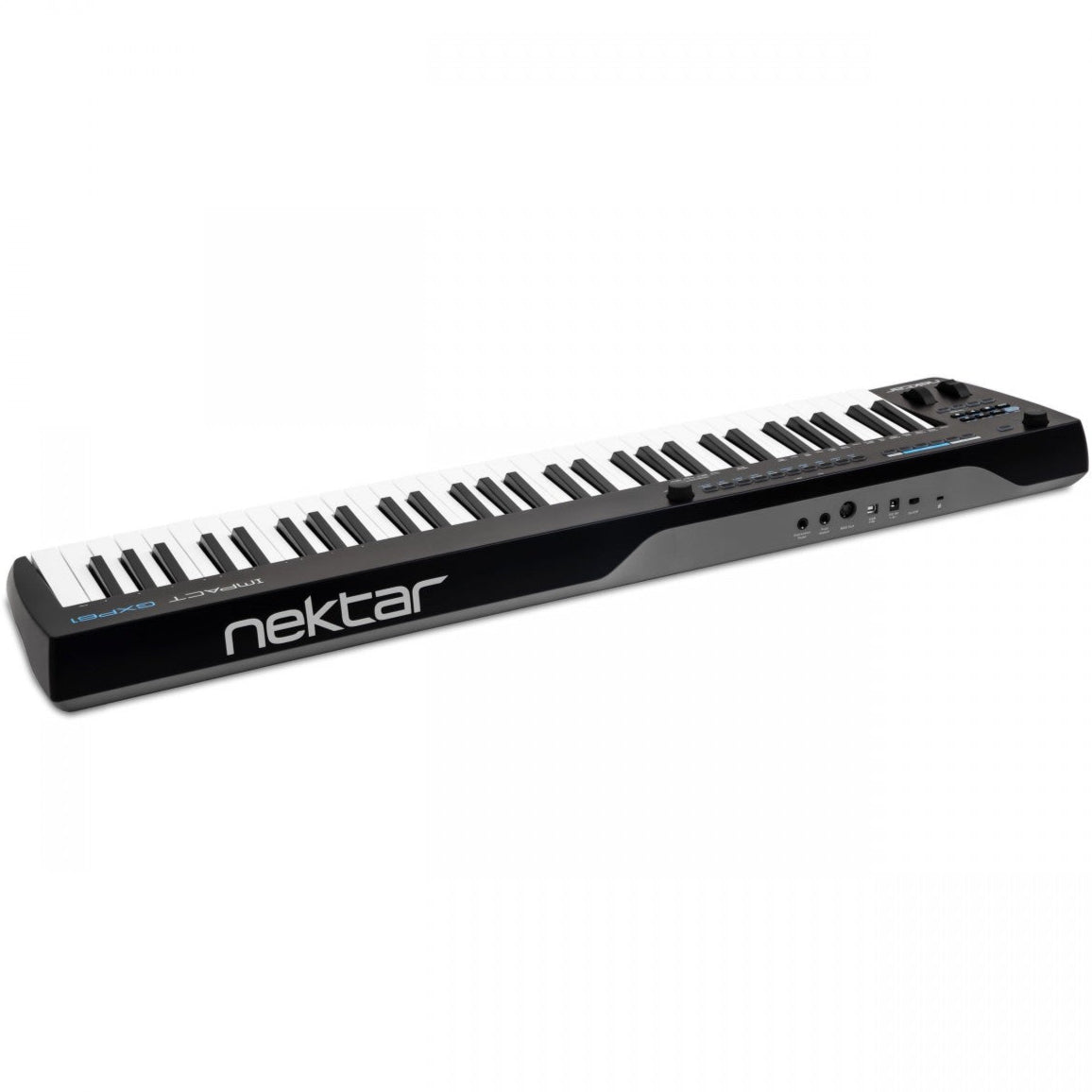 Nektar Impact GXP61 MIDI keyboard controller with 61 keys, knobs, and control pads for music production and performance.