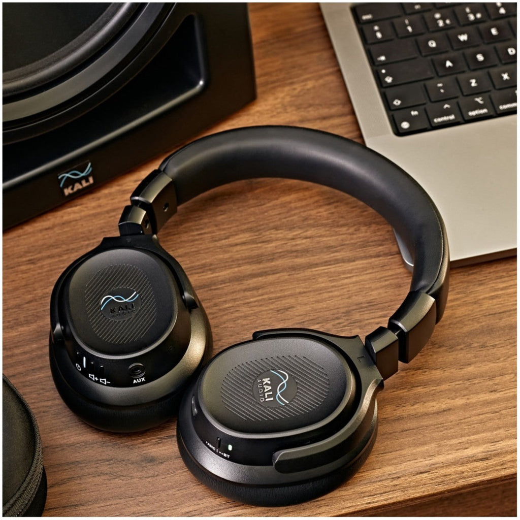 Kali Audio HP-1 studio headphones with black over-ear design and padded headband, designed for professional audio monitoring.