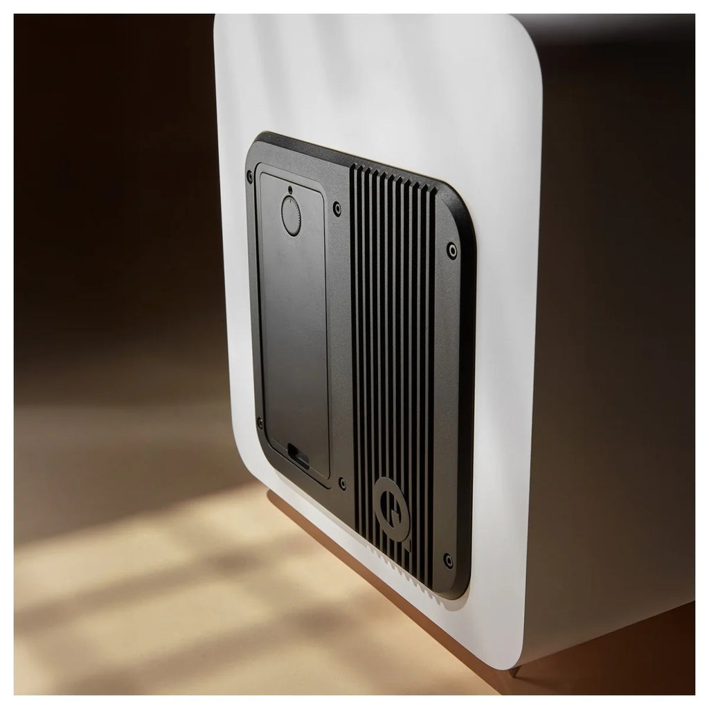 Q Acoustics Q SUB80 subwoofer shown with sleek black design and compact size, ideal for enhancing bass in home audio systems.