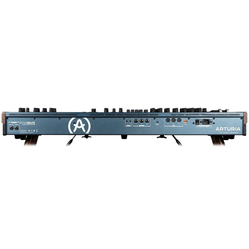 Arturia PolyBrute synthesizer with multiple control knobs and a sleek black design, showing the front panel with various parameters.