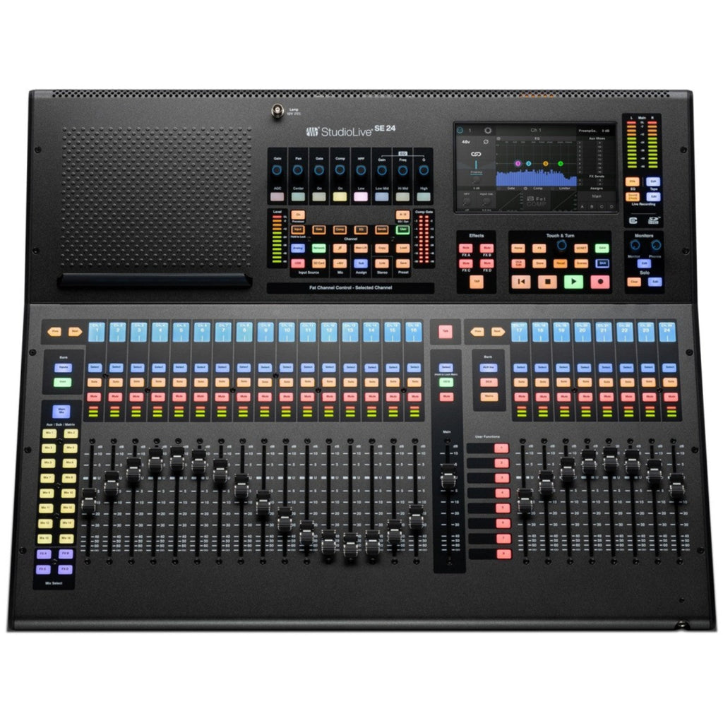 PreSonus StudioLive Series III SE 24 digital mixer with multiple knobs and faders, showing the control panel and input channels.