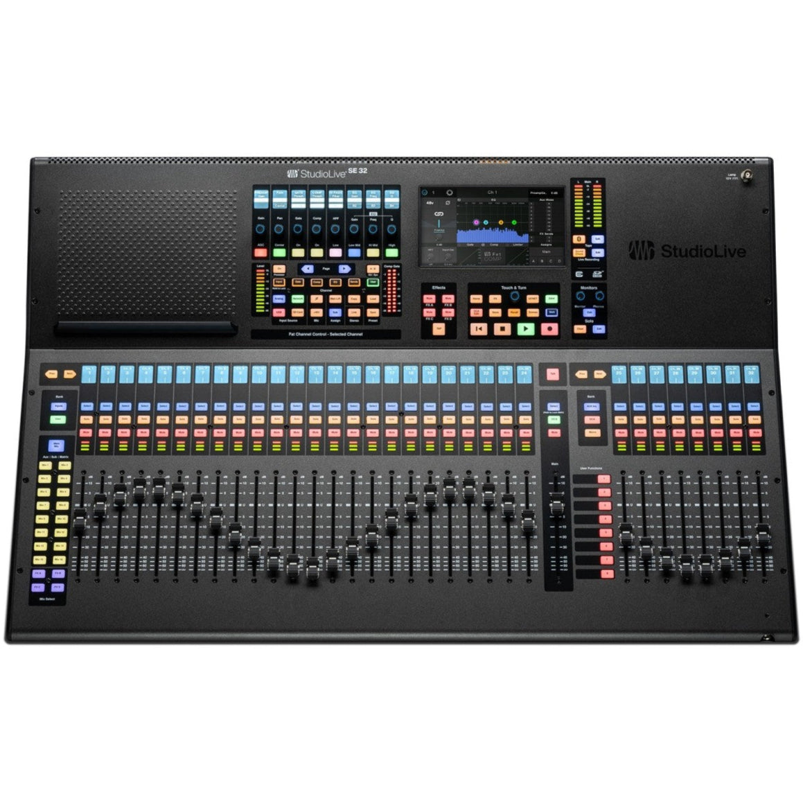 PreSonus StudioLive Series III SE 32 digital mixer with touchscreen, knobs, and input channels for professional audio mixing.