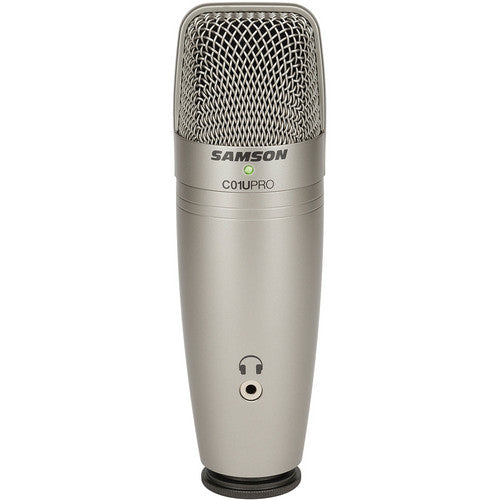 Samson C01U Pro USB microphone with adjustable stand and black body, designed for studio recording and streaming.
