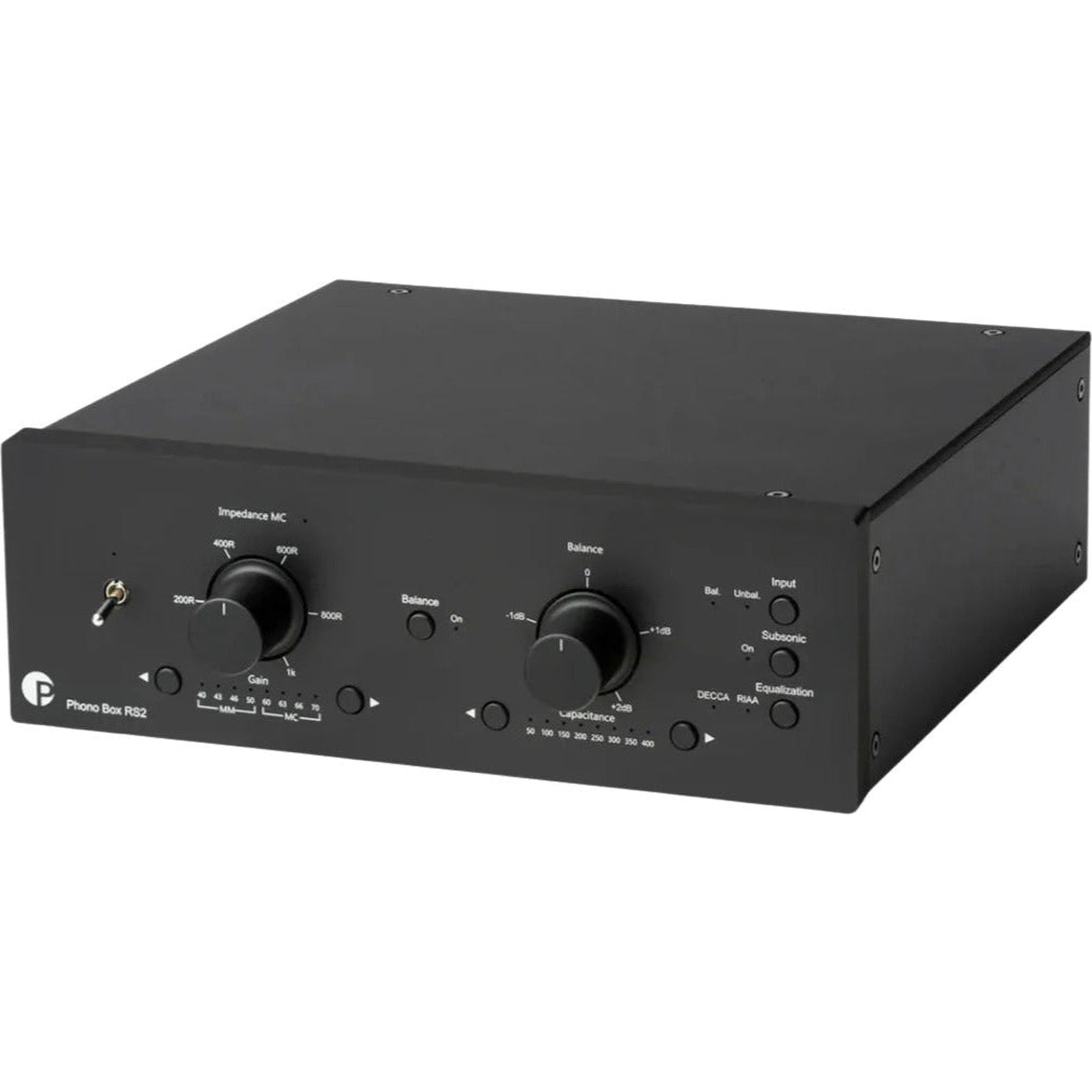 Pro-Ject Phono Box RS2 phono preamp with sleek black design and input/output connections for high-quality vinyl playback.
