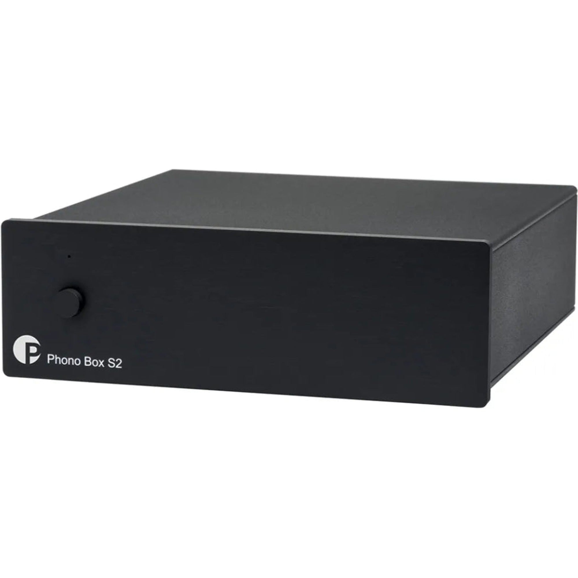 Pro-Ject Phono Box S2 phono preamp with sleek black design and control knobs, used for connecting turntables to audio systems.