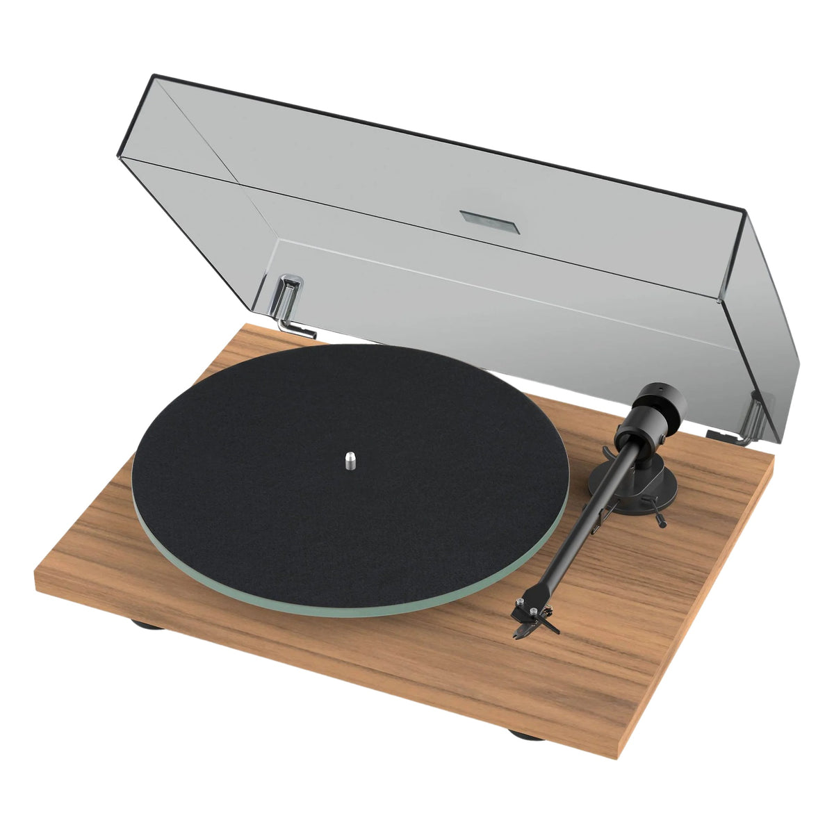Pro-Ject T1 EVO turntable with sleek wooden plinth, tonearm and platter, showcasing modern audio equipment design.