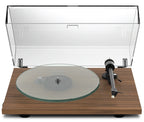Pro-Ject T2 W walnut turntable with tonearm and platter, showcasing its sleek design and high-quality build.