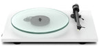 Pro-Ject T2 W turntable with wooden plinth and tonearm, featuring a sleek design and built-in phono preamp.