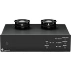 Pro-Ject Tube Box S3 B phono preamp with vacuum tubes, compact design, black finish, and connection ports visible in the image.