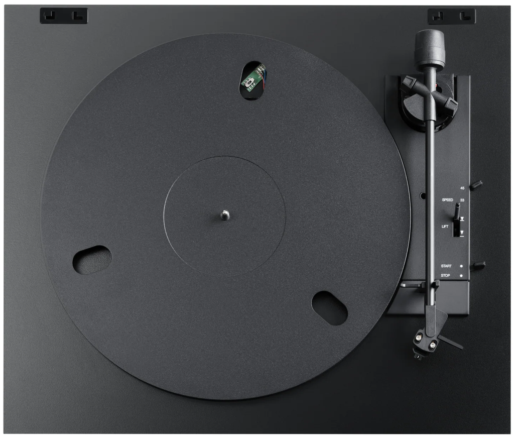Pro-Ject Automat A1.2 turntable with sleek wooden plinth, tonearm, and platter, showcasing its modern audio design.