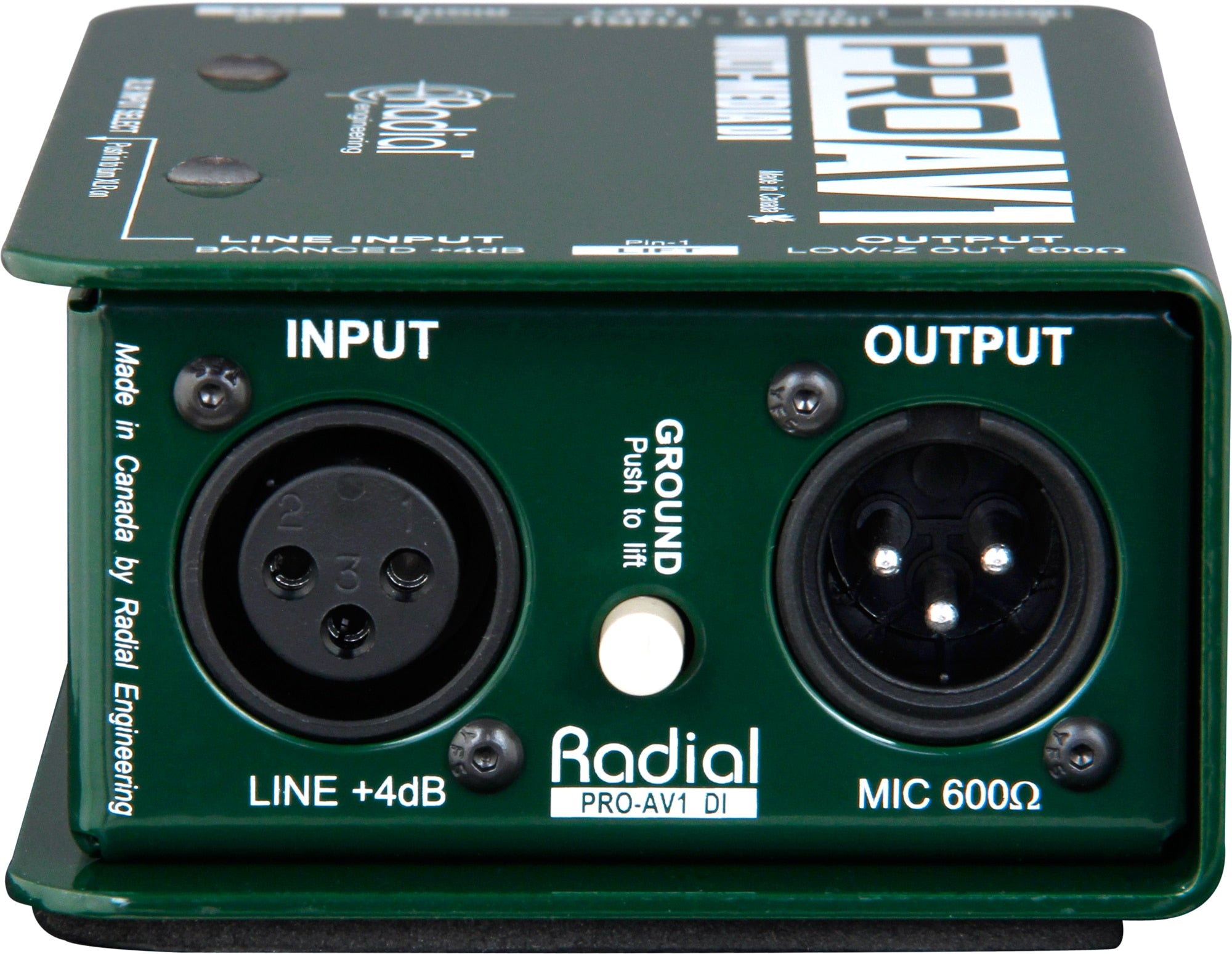 Radial Engineering PROAV1 DI box shown from the back, featuring input and output connections for professional audio applications.