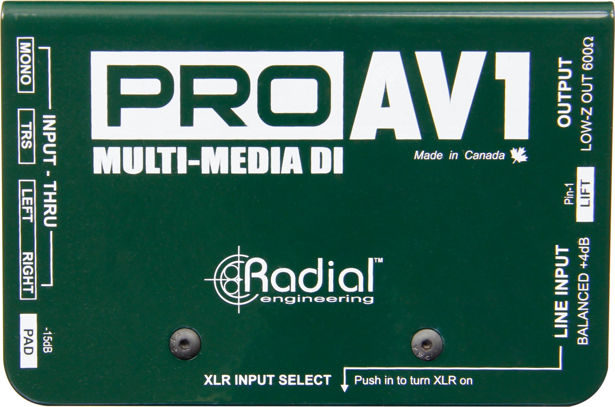 Radial Engineering PROAV1 DI box showing top view with input and output jacks for professional audio connection.
