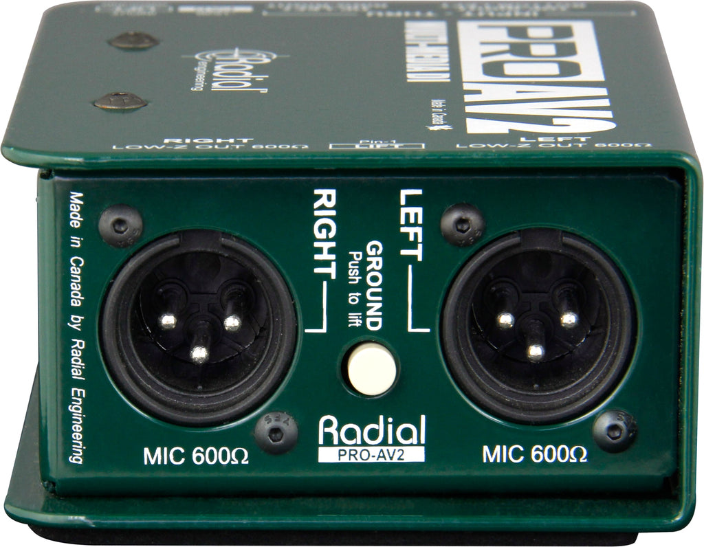Radial Engineering PROAV2 DI box with input and output jacks, rear view showing connection ports for professional audio setups.
