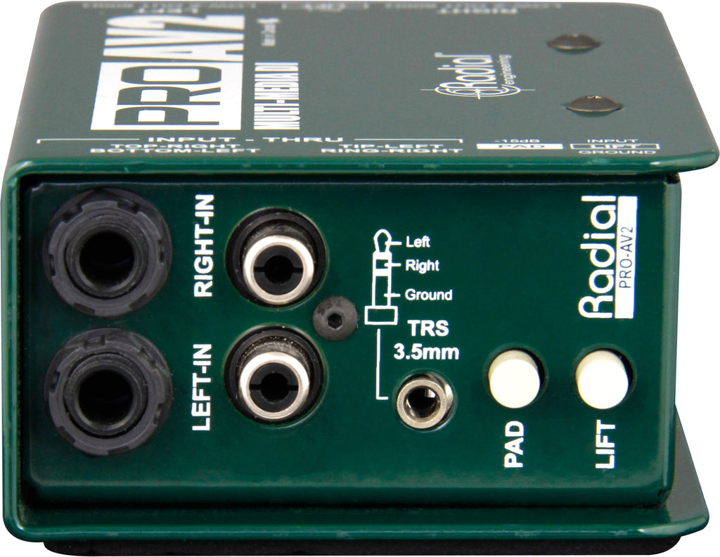 Radial Engineering PROAV2 DI box shown from the front, featuring input and output jacks on a sturdy metal chassis.