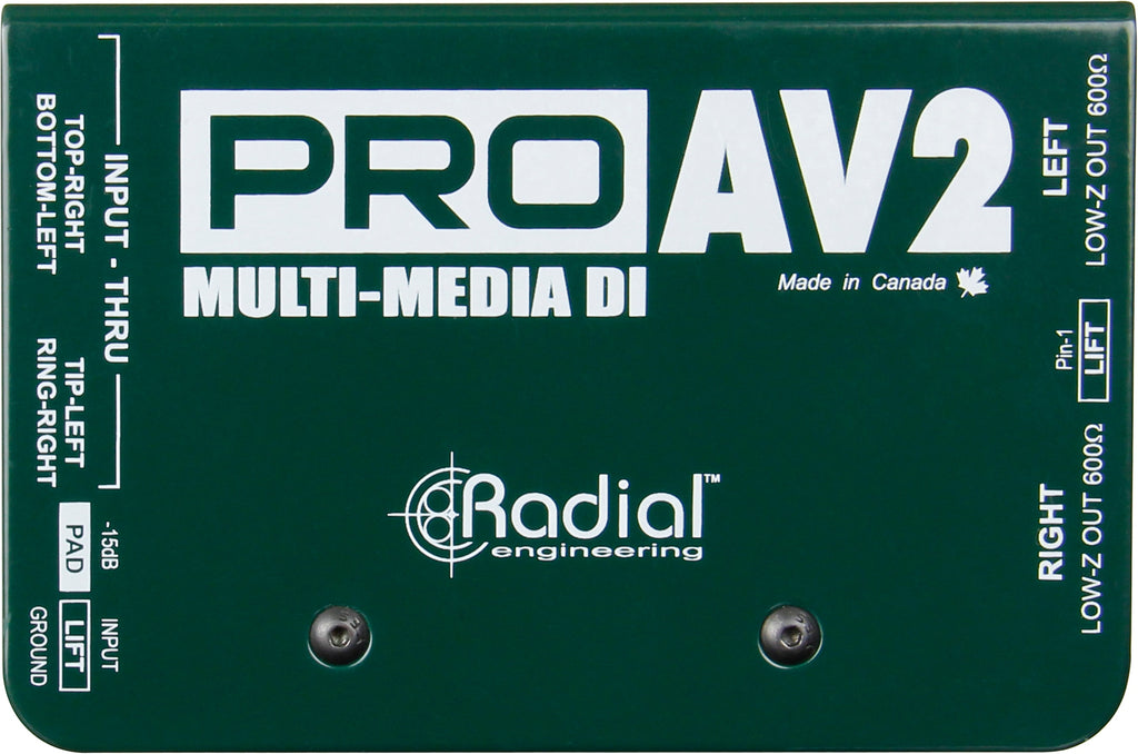 Radial Engineering PROAV2 DI box showing top view with input and output jacks for professional audio signal management.