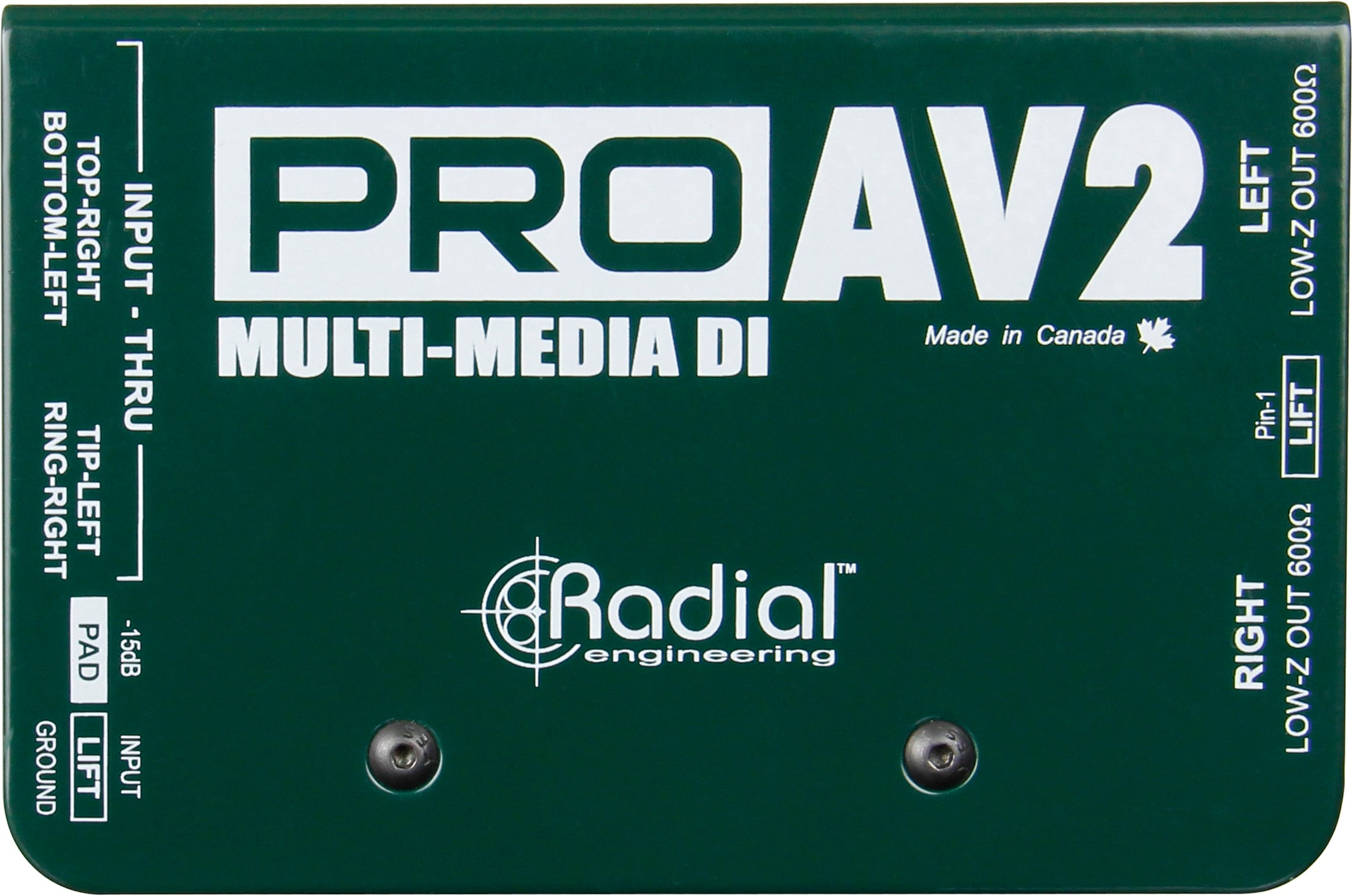 Radial Engineering PROAV2 DI box showing top view with input and output jacks for professional audio signal management.