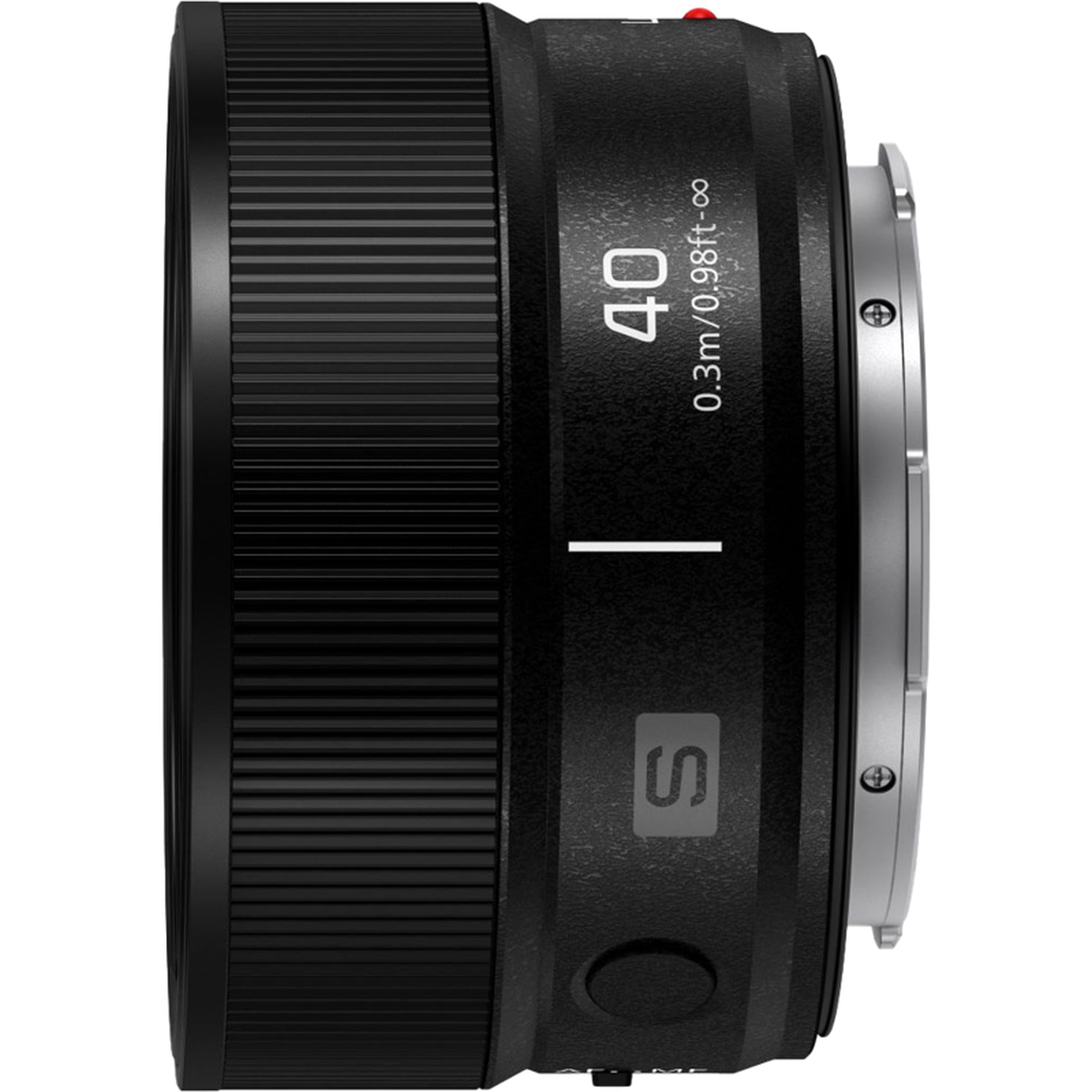 Panasonic Lumix S 40mm F/2.0 camera lens for video cameras, shown in a close-up view with a sleek black finish.