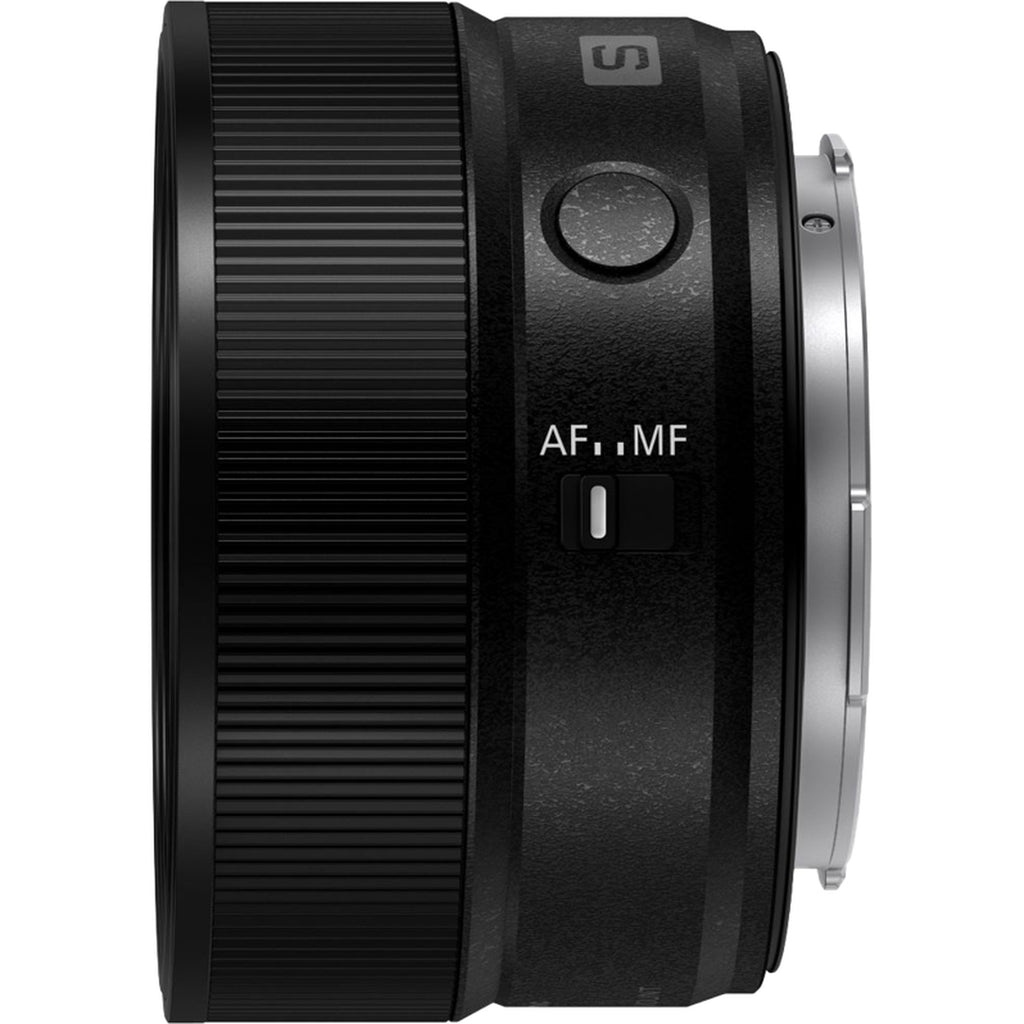 Panasonic Lumix S 40mm F/2.0 camera lens for video cameras, shown mounted on a camera body with a blurred background.