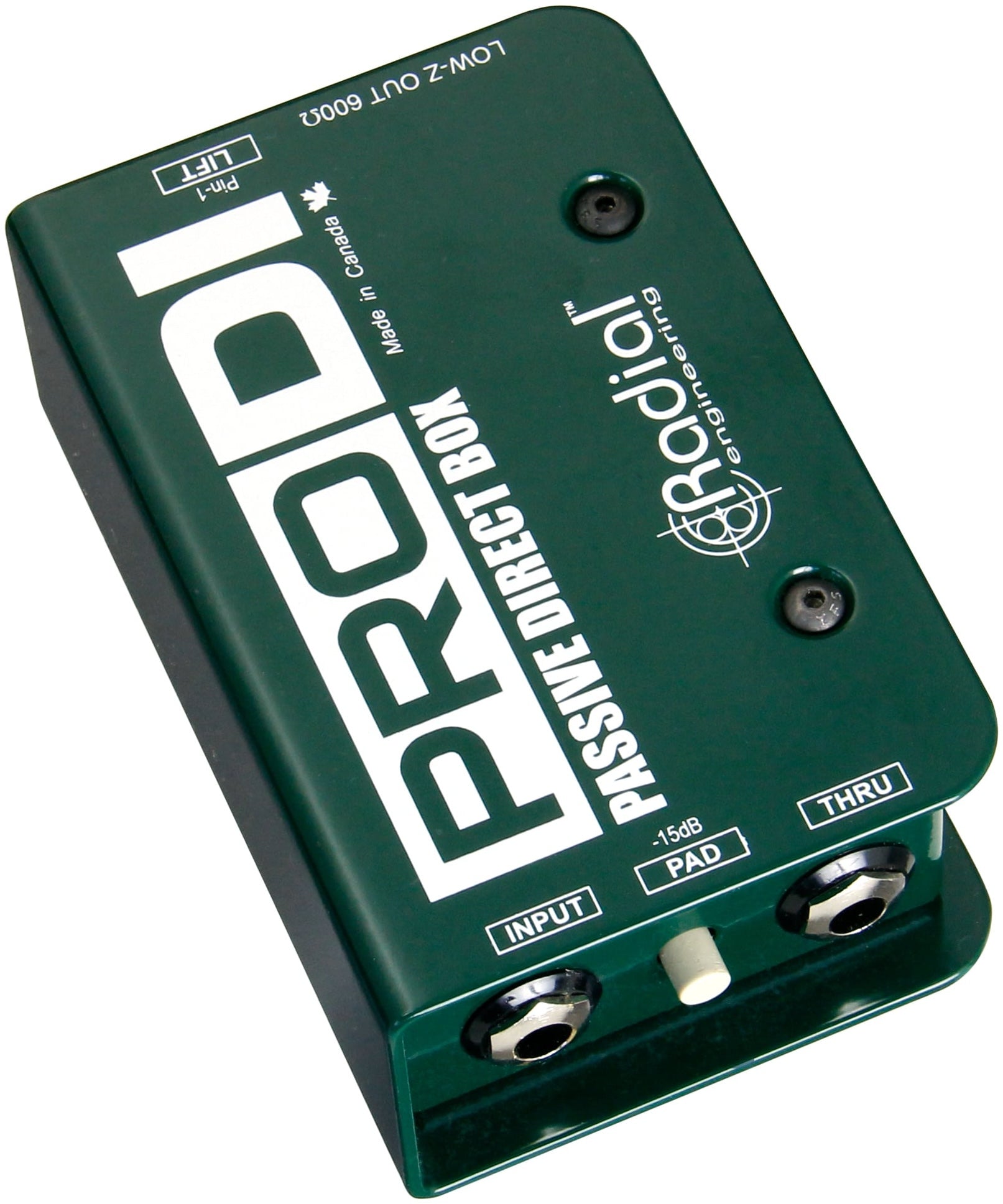 Radial Engineering ProDI DI box with input and output connections, compact design, and durable metal construction for audio signal distribution.