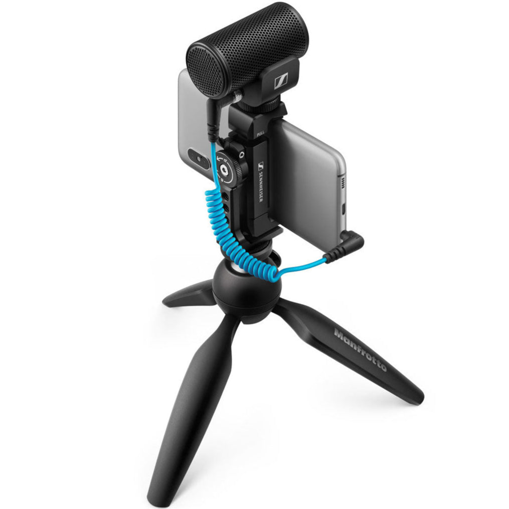 Sennheiser MKE 200 Mobile Kit with iOS and Android microphones, compact audio recording set on a white background.