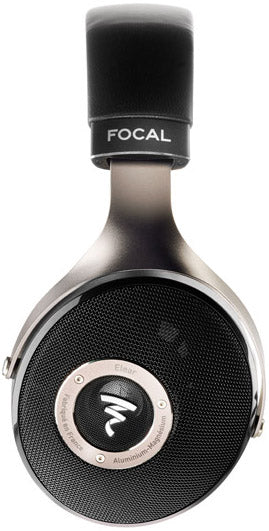 Focal Elear high-fidelity headphones with open-back design, featuring sleek black ear cups and premium build quality, close-up shot.