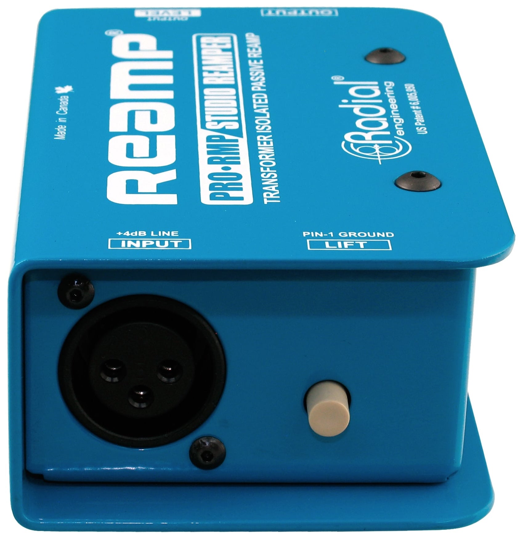 Radial Engineering ProRMP DI box shown from the back, featuring input and output jacks for professional audio connectivity.