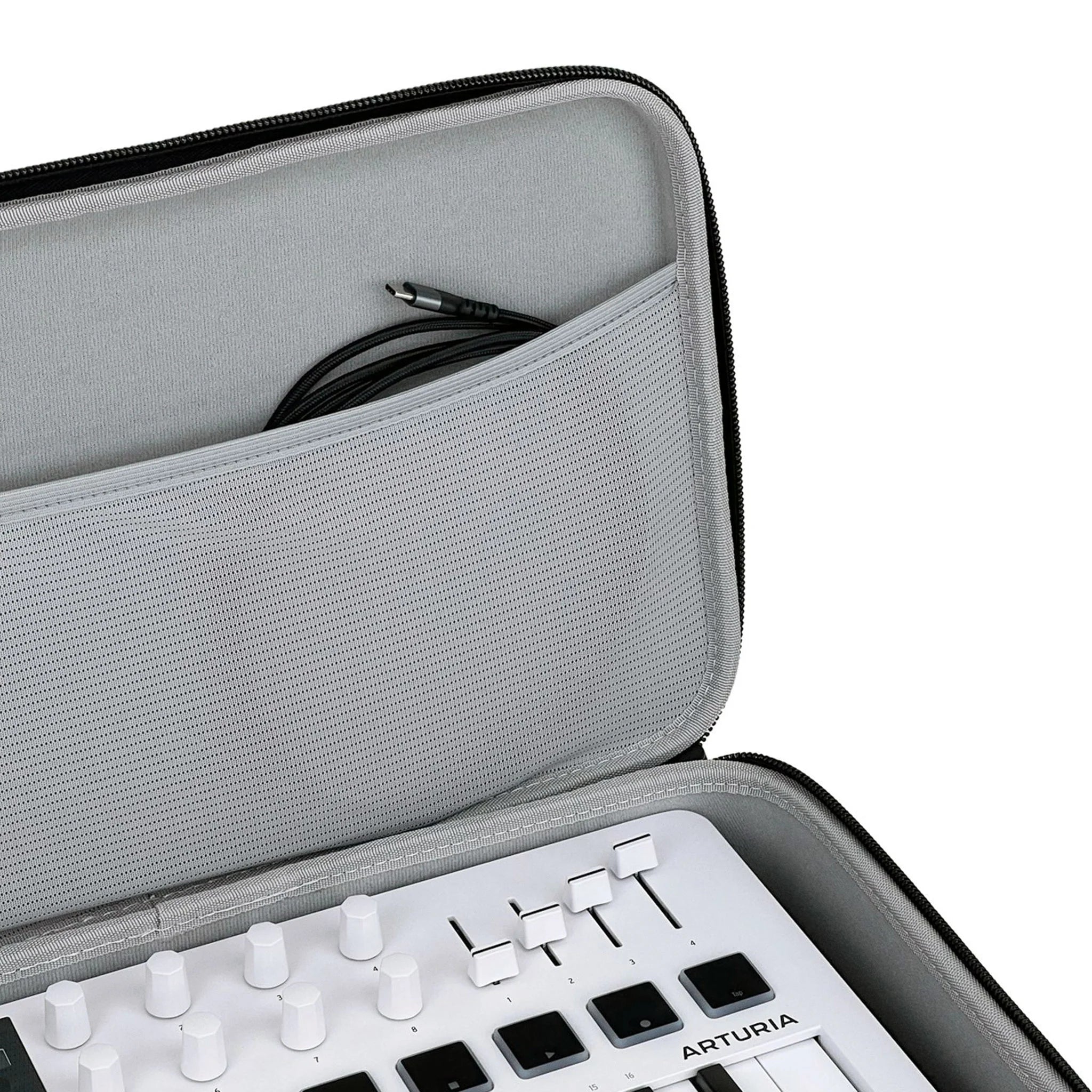 Gray Analog Cases Pulse keyboard case for Arturia MiniLab and MicroFreak, with padded exterior and secure zipper closure.