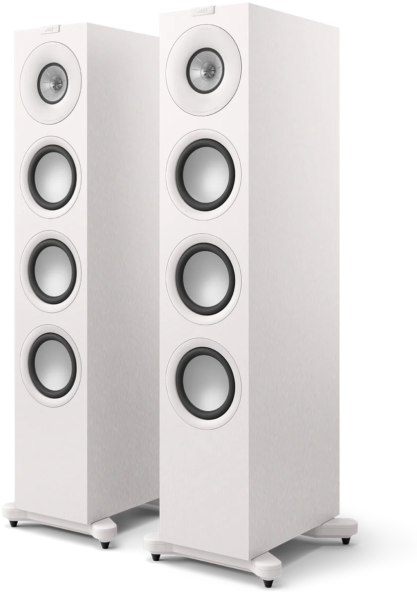 Pair of KEF Q11 Meta passive floorstanding speakers in satin white, shown from a front perspective.