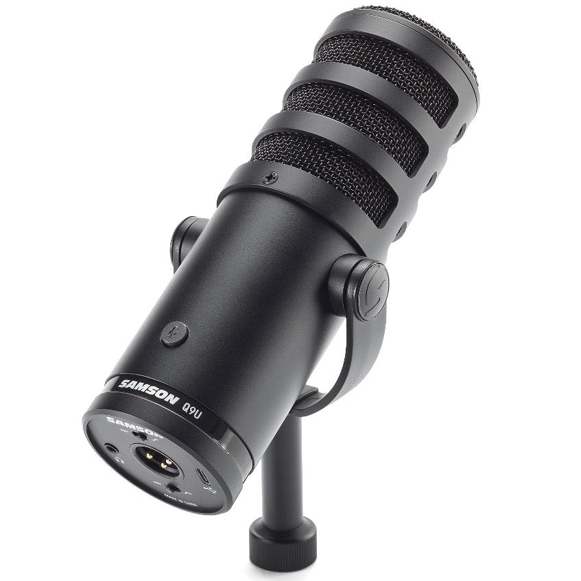 Samson Q9U dynamic microphone with rugged grille and controls, ideal for live performances and studio recording.
