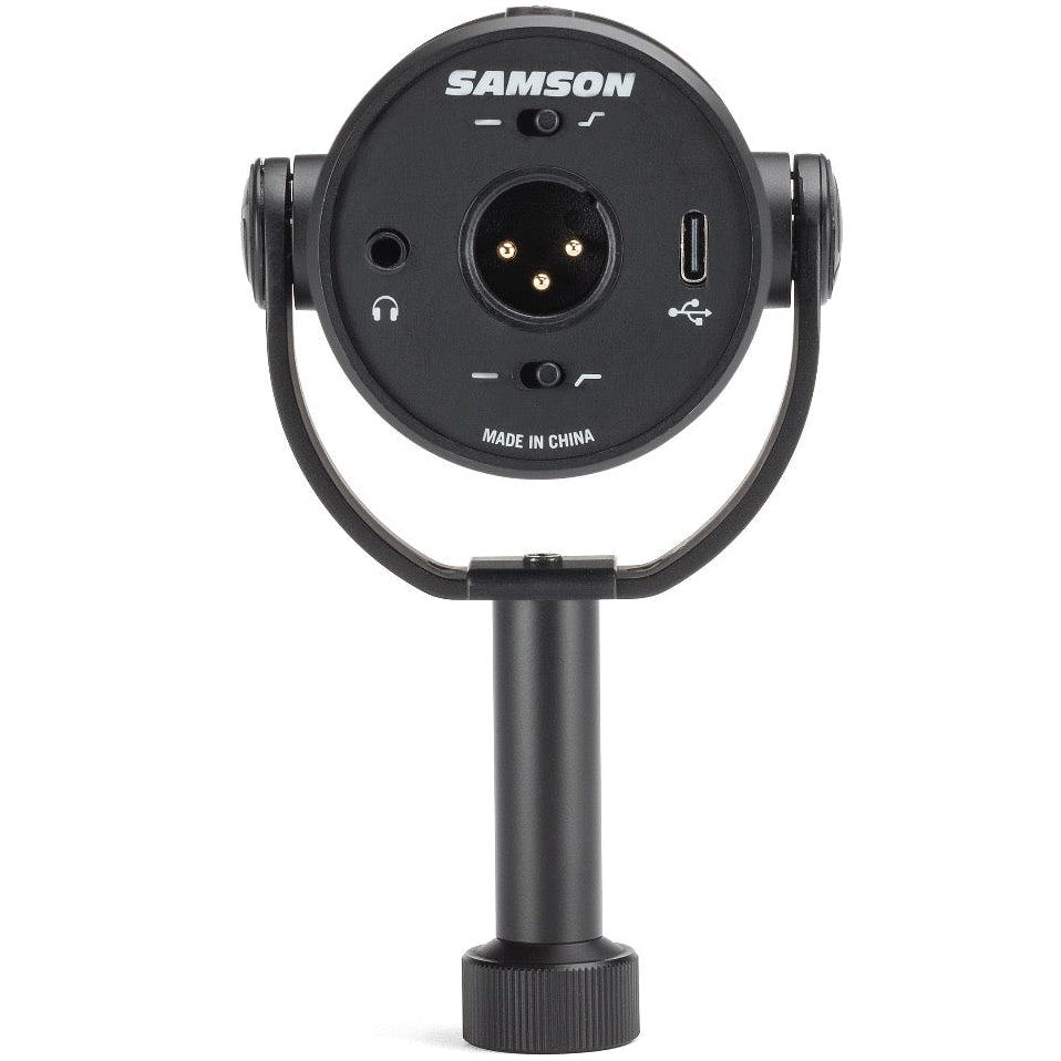 Samson Q9U dynamic microphone with black body and grille, shown at an angle, ideal for live performances and studio recording.