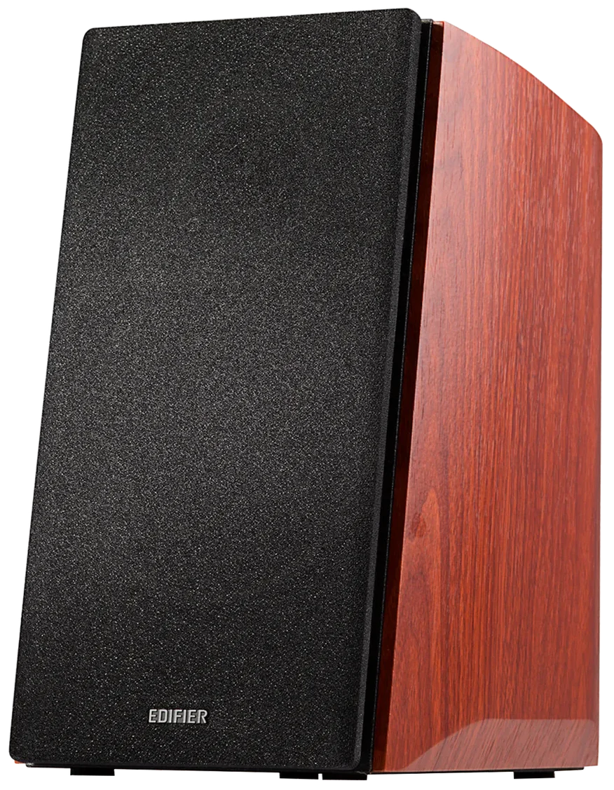 Edifier R2000DB active bookshelf speakers with wood grain finish, showcasing their sleek design and front speaker grille.