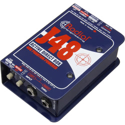 Radial Engineering J48 Mono DI box for professional audio signal splitting and balancing in live sound and studio setups.