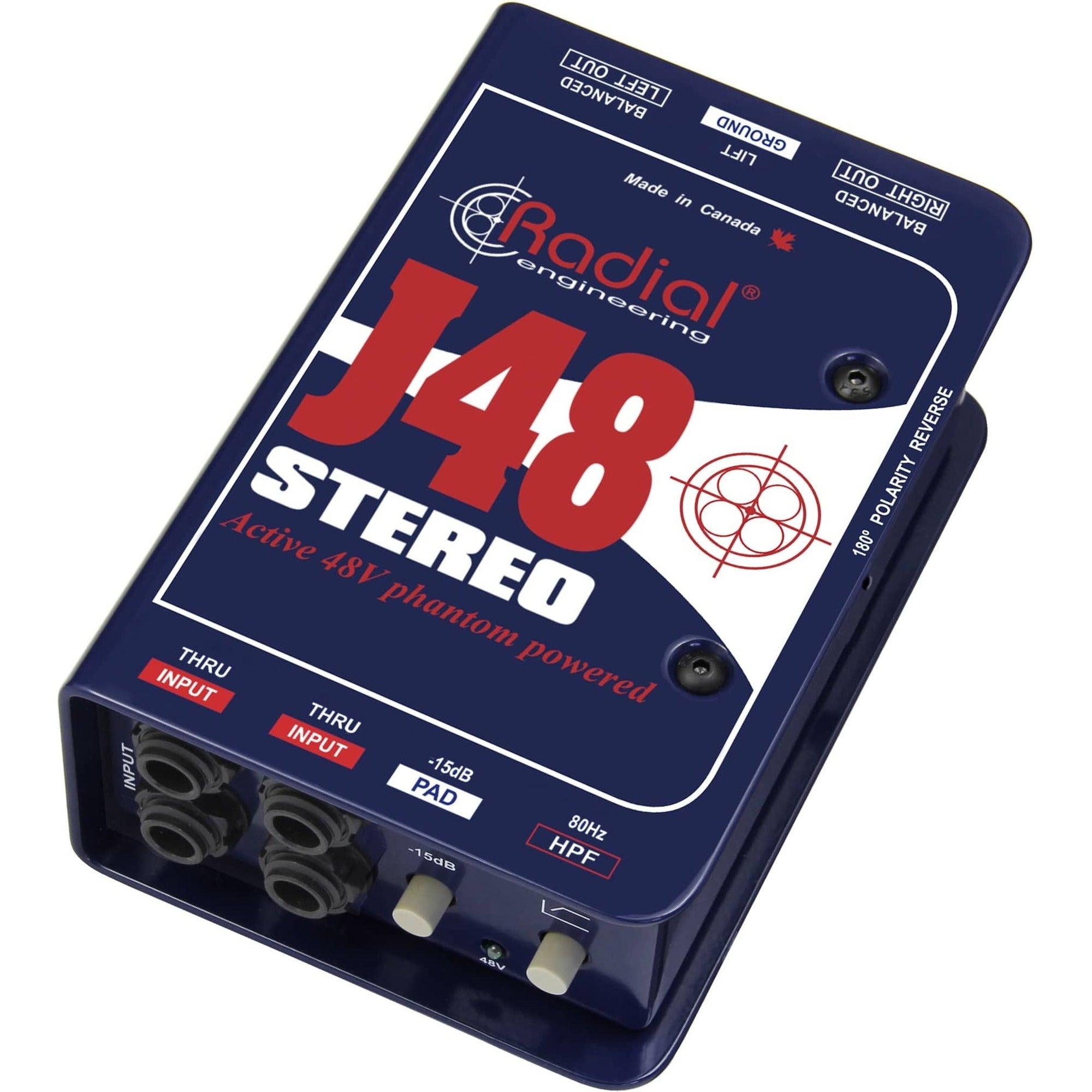 Stereo Radial Engineering J48 DI box with rugged metal enclosure and XLR and 1/4-inch outputs, ideal for professional audio setups.