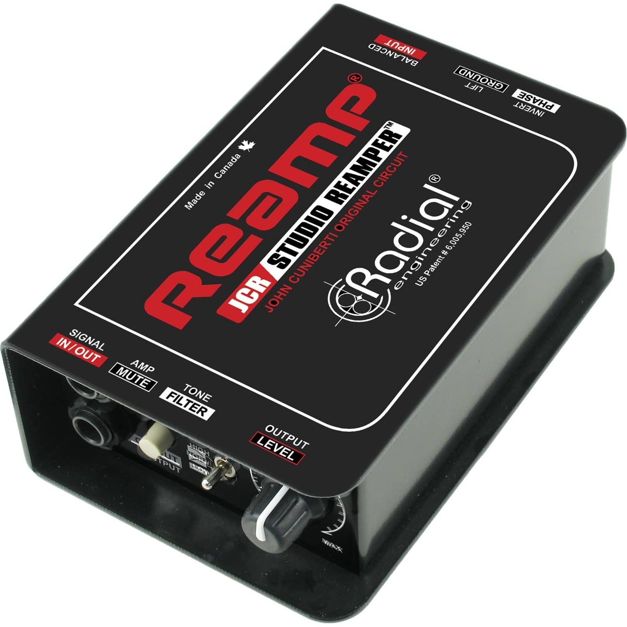 Radial Engineering JCR DI box shown with input and output jacks, compact professional audio interface for musical instruments.