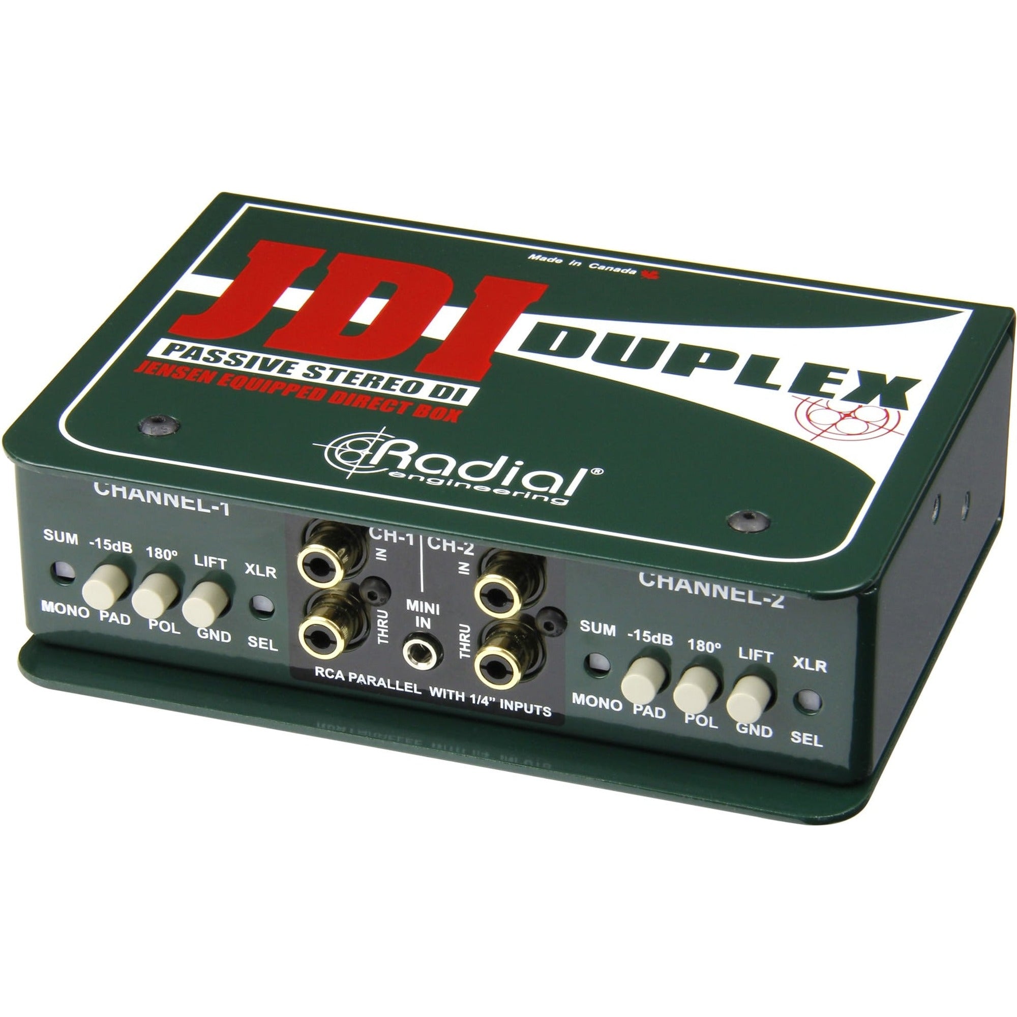 Radial Engineering JDI Duplex DI box with rugged metal enclosure and input/output jacks for professional audio connections.