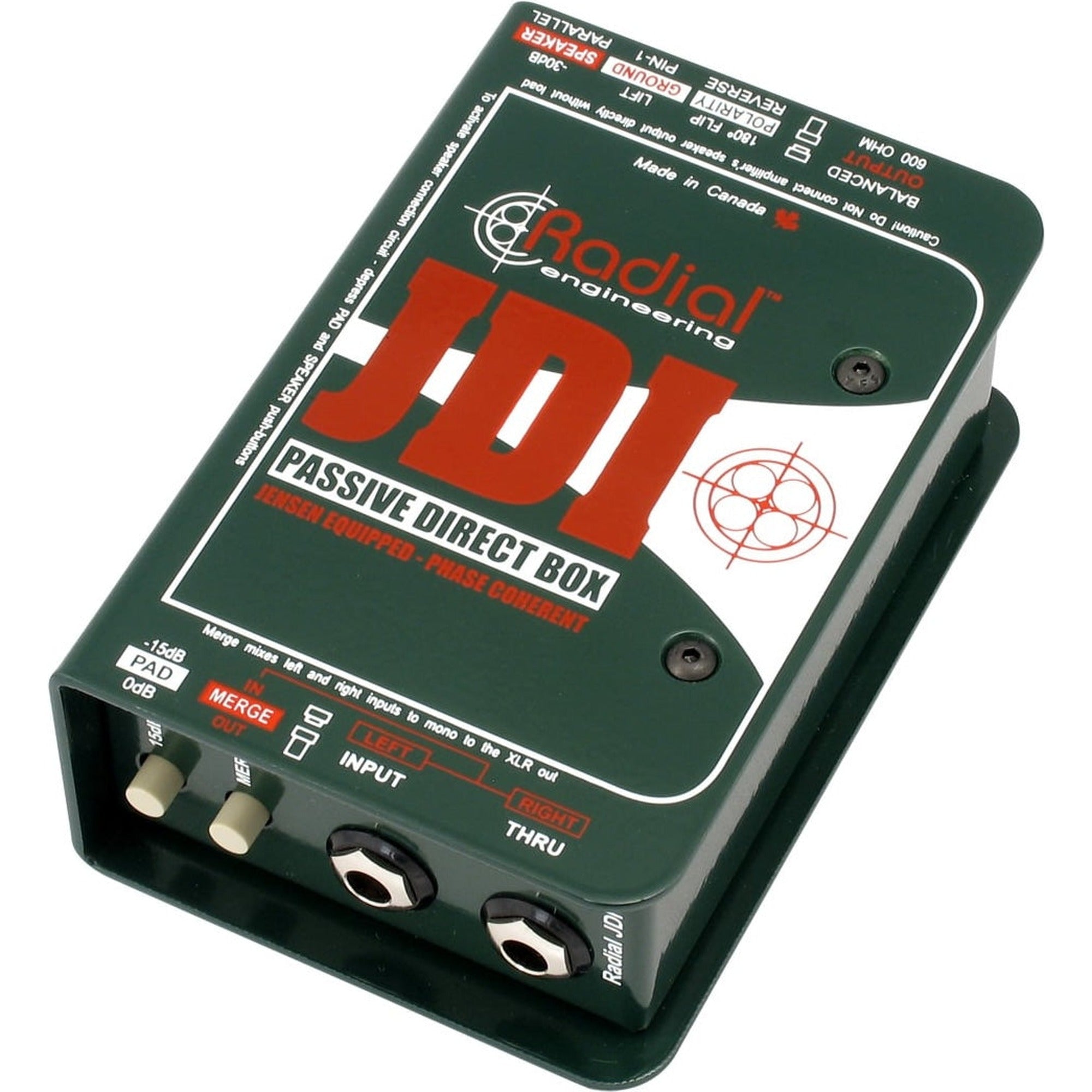 Radial Engineering JDI mono DI box with robust metal casing and input/output jacks for professional audio signal conversion.