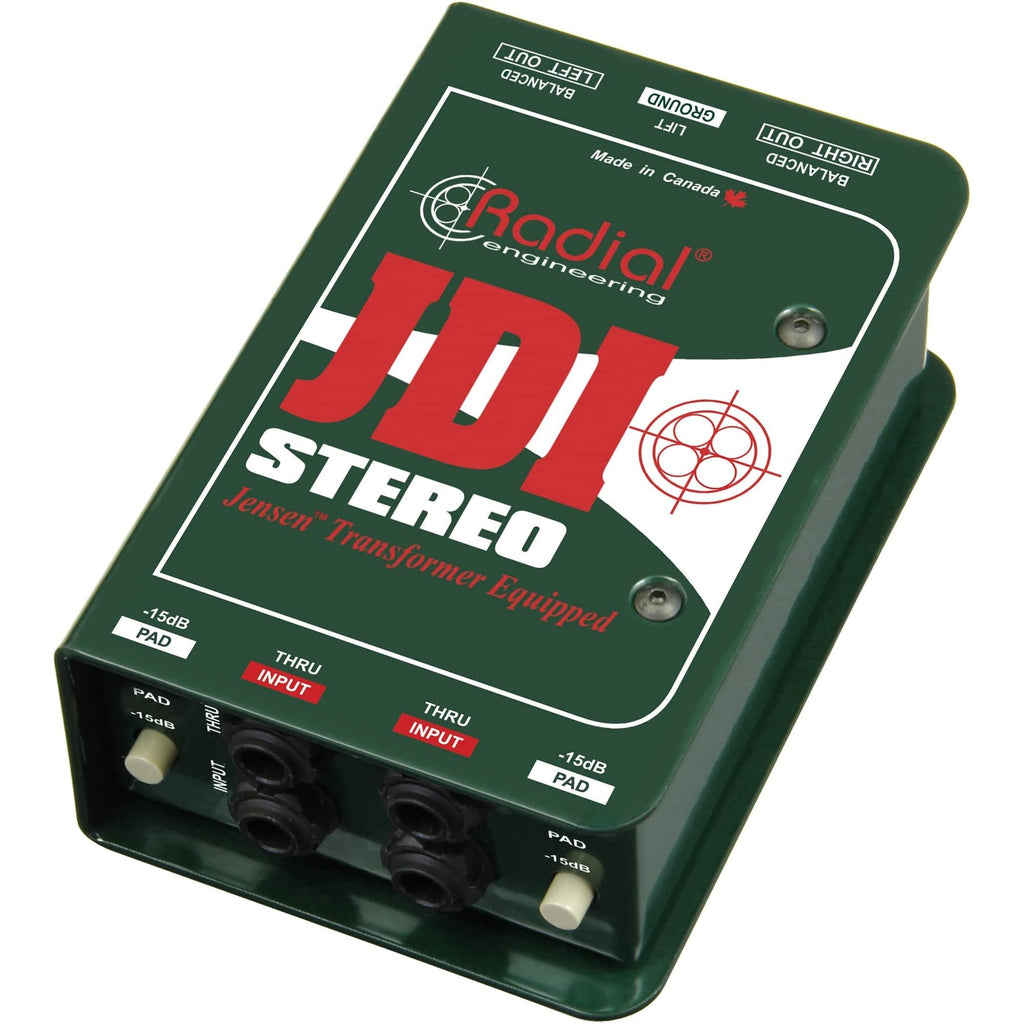 Radial Engineering JDI stereo DI box shown with audio input and output jacks, used for direct instrument and audio signal connection.