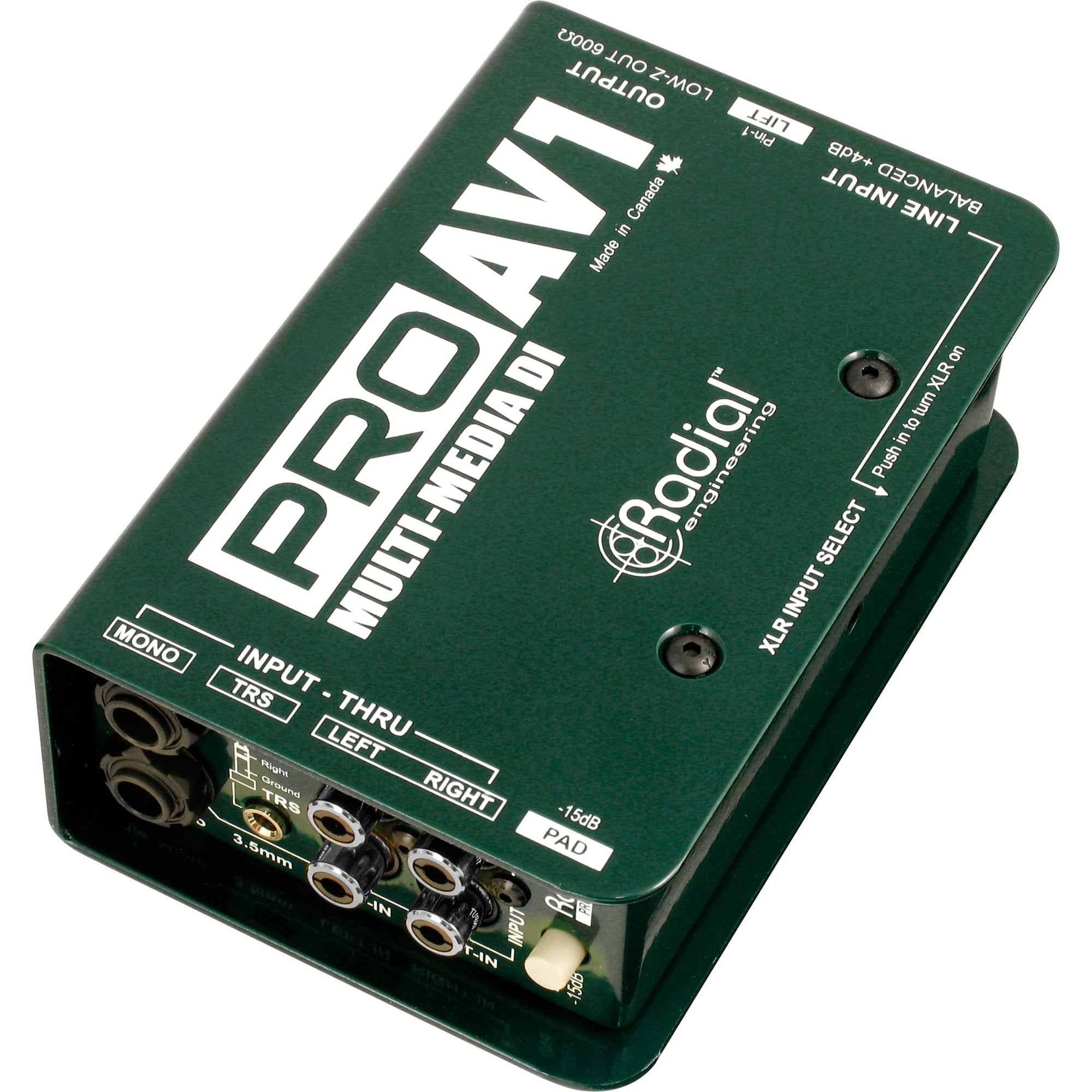 Radial Engineering PROAV1 DI box for professional audio and sound mixing, featuring balanced XLR and 1/4 inch inputs and outputs.