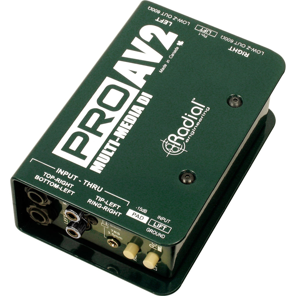 Radial Engineering PROAV2 DI box with rugged metal housing and XLR and 1/4-inch inputs for professional audio use.