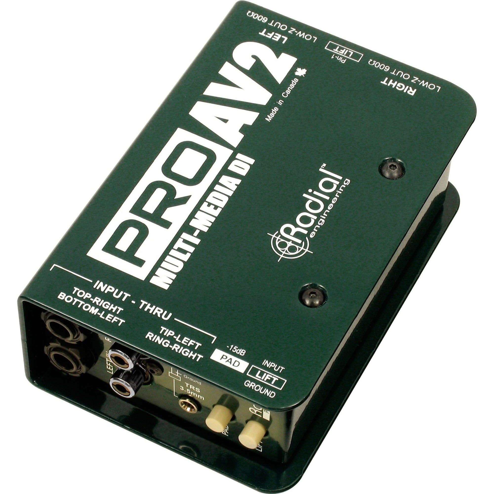 Radial Engineering PROAV2 DI box with rugged metal housing and XLR and 1/4-inch inputs for professional audio use.