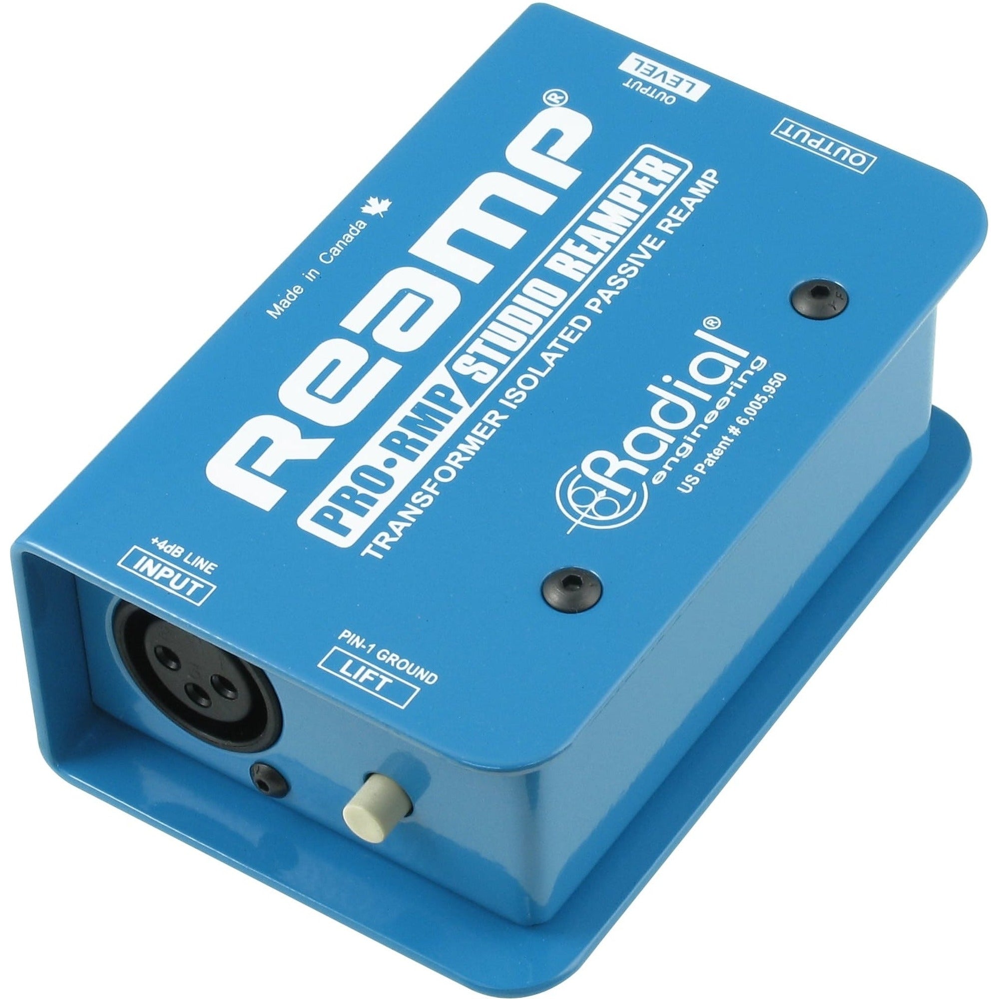 Radial Engineering ProRMP DI box with rugged metal casing and input/output jacks for professional audio signal routing.