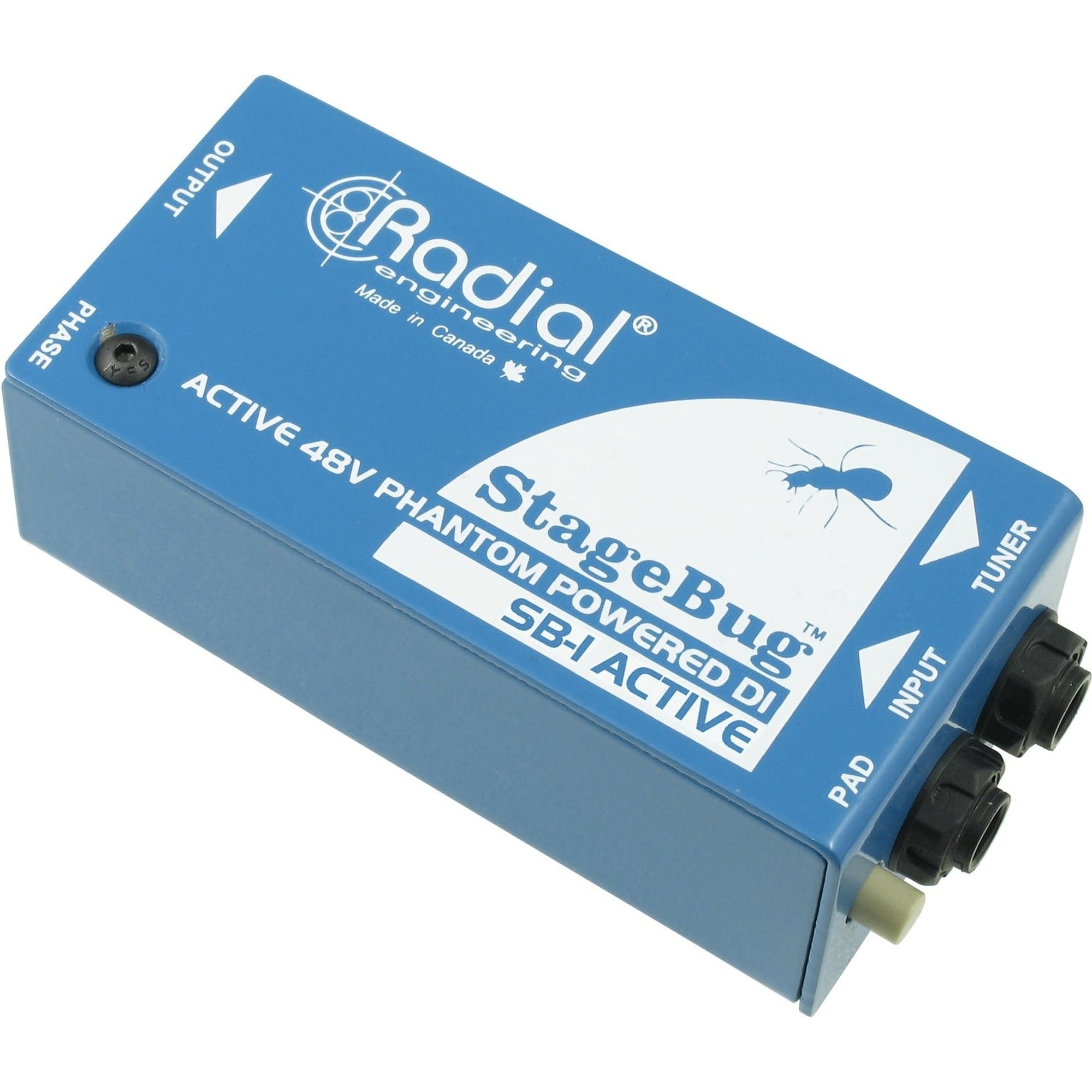 Radial Engineering StageBug SB-1 DI box for professional instrument signal conversion and audio output.
